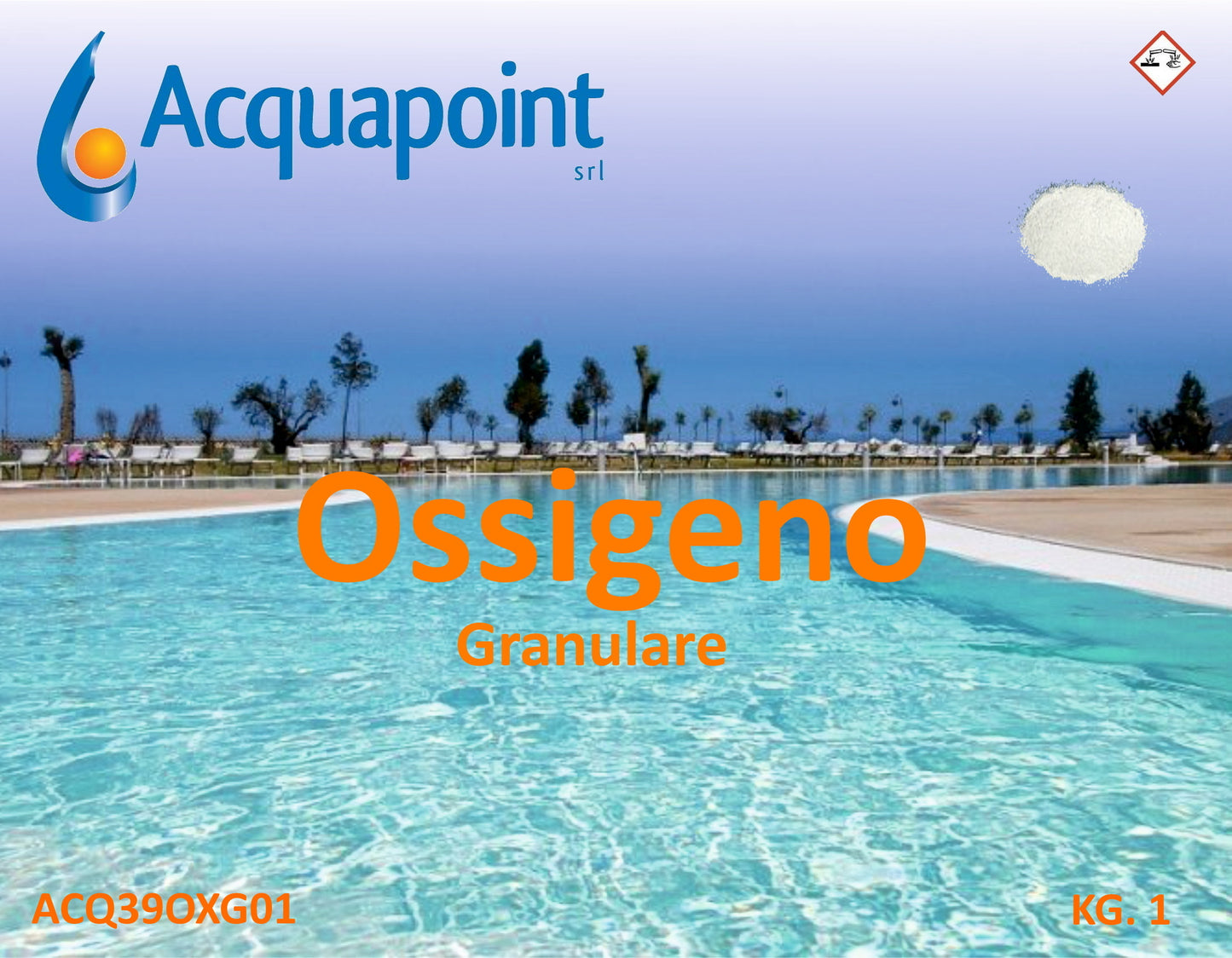 Ossigeno attivo granulare conf.ne 1 Kg, idoneo per trattamenti shock per eliminare le clorammine e le bromammine. Efficace disinfettante, non emana odori, nè irrita occhi e mucose.