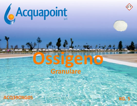 Ossigeno attivo granulare conf.ne 5 Kg, idoneo per trattamenti shock per eliminare le clorammine e le bromammine. Efficace disinfettante, non emana odori, nè irrita occhi e mucose.