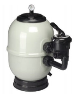 Filtro laminato "Aster" in poliestere e fibra di vetro. Colore grigio. Valvola selettrice laterale non inclusa. Pressione massima 2,5 kg/mc. Velocità di filtrazione max 50 mc/h/mq. Compatibile con sabbia e vetro.